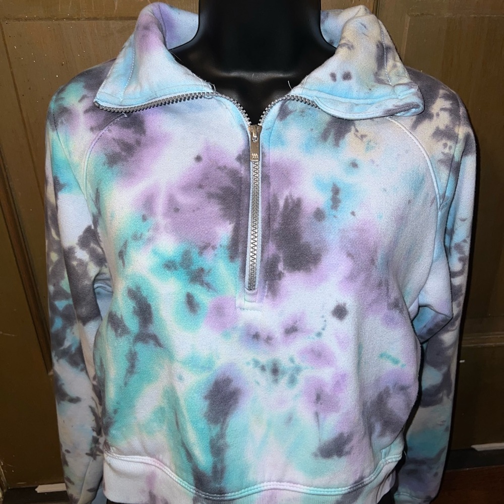 Tie Dye Cropped Pullover Blue Fleece Quarter Zip Activewear Lounge Casual Size S - Picture 6 of 9